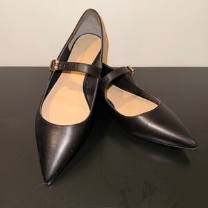 Stuart Weitzman Black Pointed Mary Jane Flats with Gold Buckle